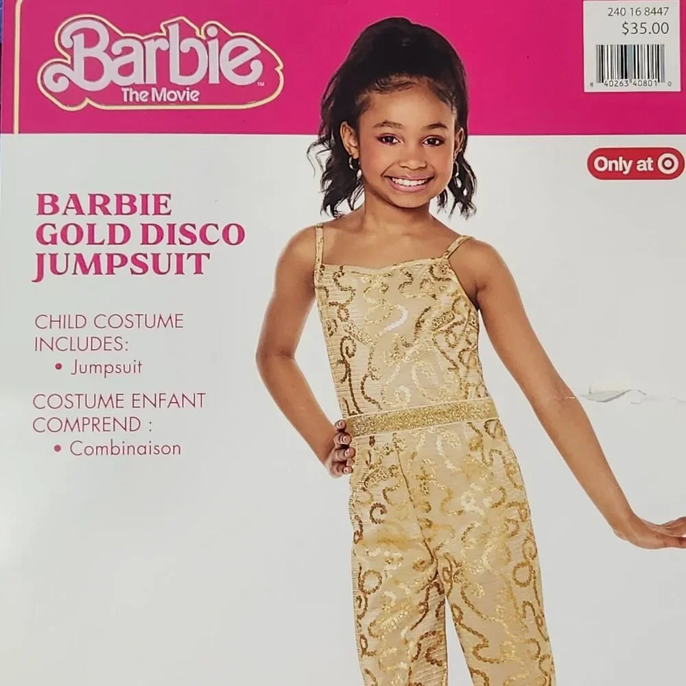 Girls InSpirit BARBIE Gold Disco Jumpsuit Halloween Costume Size Medium 7-8 NEW